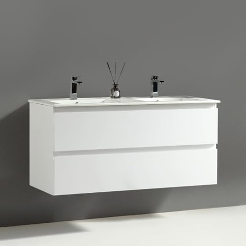 Alpenberger Waschtisch mit Unterschrank 120 cm Breit | Badezimmerschrank Badezimmermöbel Doppelwaschbecken | Waschbeckenunterschrank mit Waschbecken | Doppelwaschtisch (Vivento 120 Weiß)