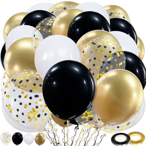 Luftballons Schwarz Gold, 60 Stück Schwarz Gold Ballons, 12 Zoll Metallic Gold Konfetti Ballons und Schwarz Latex Luftballons mit Band für Geburtstag Hochzeit Kinder Baby Shower Party Dekoratione