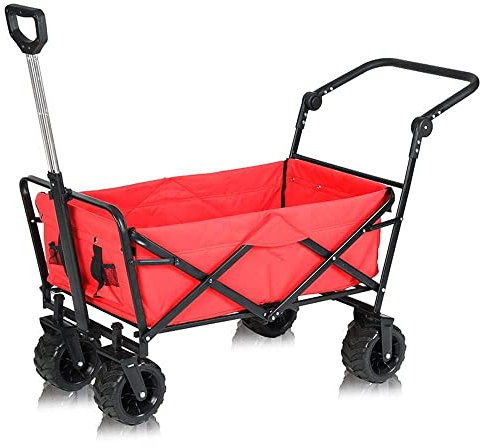 JFNHUTL Trolleys, Gartenwagen, Klappwagen, Outdoor-Wagen, zusammenklappbarer Campingwagen mit Futter für Camping, Garten, Strand, jedes Gelände mit Gummirädern mit Bremsen/Rot/Ty