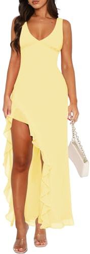 MIYIEONZ Women Sexy V Neck Sleeveless Mesh Ruffle Hem Bodycon Maxi Dress Casual Y2K Backless High Slit Cocktail Party Club Dress Yellow