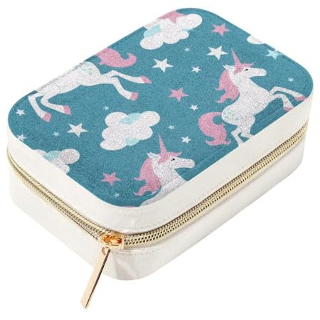 Eslifey Tragbare Mini-Schmuckschatulle für Reisen, Samt, Schmuckring, Organizer, Etui, rosa Einhörner, Wolkenmuster