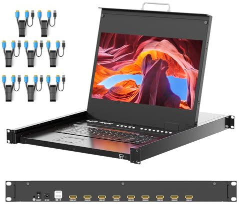 Arvitek Rack Mount KVM w/17.3 Monitor, LCD KVM Switch 8 Port HDMI, Support Hot-Key/OSD/Button Switch, Fits 1U 19 Server Rack w/23.5–31.5 Depth, Included 8 HDMI KVM Cables