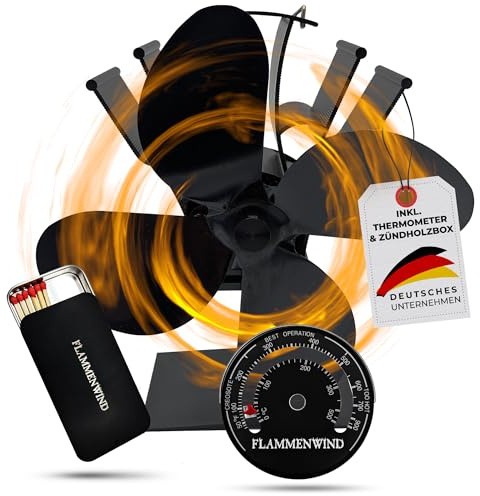 FLAMMENWIND Kaminventilator ohne Strom - inkl. Thermometer und Aufbewahrungsbox für Zündhölzer - Ofenventilator - Kaminlüfter - Kaminofenventilator