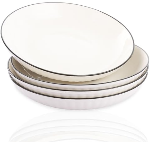 YOUNTHYE 20 Oz Pasta Bowls Set of 4, 8 inch Shallow Salad Bowls Ceramic Pasta Plates White Large Serving Bowls for Dinner, Microwave & Dishwasher Safe