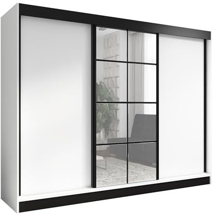 A&J MöbelLand Schwebetürenschrank ORAVELLE Kleiderschrank 3-türig mit Schubladen und Spiegel Garderobenschrank 200 cm (Weiß)