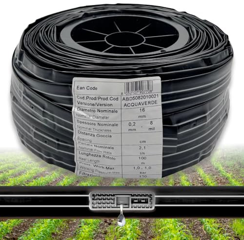 acquaverde | Manichetta Gocciolante Orto Facile 16 mm Passo 30 cm - Rotolo da 100 metri, Tubo Piatto per Irrigazione a Goccia, 2 Litri/Ora, 8 Mils, MADE IN ITALY