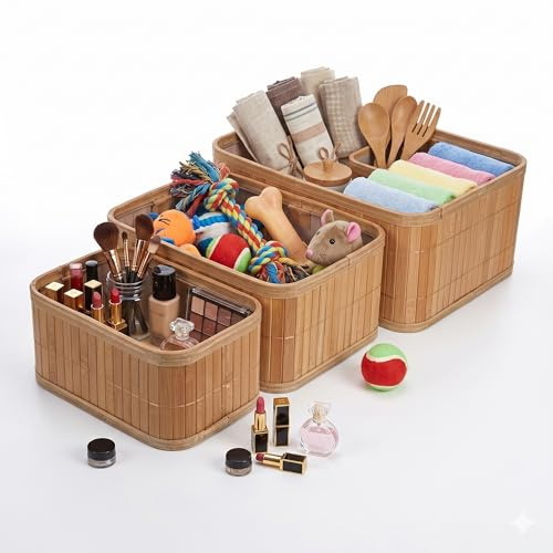 JOINPAYA Lot De 3 Paniers De Rangement Tressés En Bambou Petit Panier De Rangement Empilable 3 Tailles Pour Étagères Placards Et Tiroirs Organiseur Pour Cosmétiques Jouets Et Accessoires