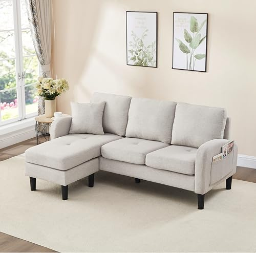 Divano angolare con chaise longue 166 x 118 x 77 cm, divano 3 posti a forma di L, divano modulare 160 cm di larghezza, effetto lino, piccoli divani per piccoli spazi, beige