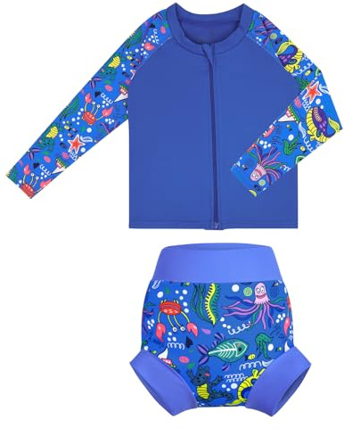 MOEMOE Baby badset, tvådelad baddräkt baby pojkar flickor, UV-skydd racervakt-set, badkläder med långärmad simskjorta och simblöjor, blå, 12 Månader