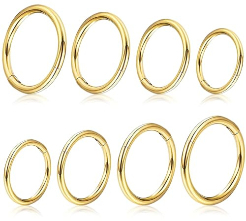 8 anelli dorati per naso, in acciaio chirurgico 316L 16G, per setto nasale, helix, trago, labbro, cartilagine, cartilagine, setto, orecchini ad anello, 6-12 mm