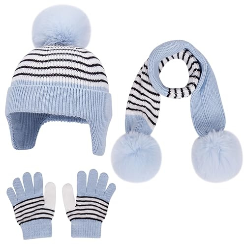 Baynetin Toddler Winter Hat Scarf Gloves Set 1-6 Years - Knit Earflap Hat with Pompom, Fleece Lined Scarf & Mittens, Warm 3-in-1 Accessories