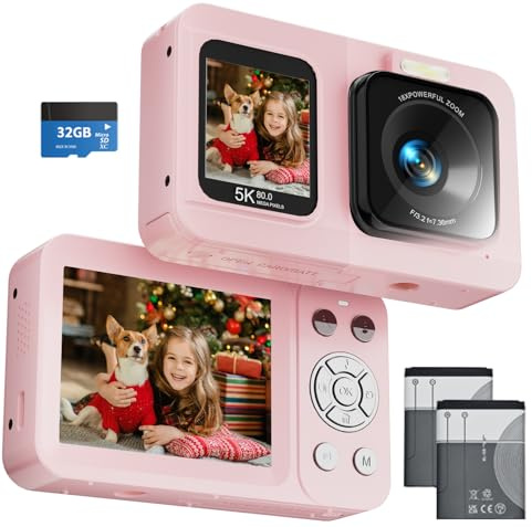Digital Camera 5K, 80MP Dual Lens Kids Camera Autofocus Compact Camera with 2 Batteries & 32GB SD Card for Photography 18X Digital Zoom Mini Vlogging Camera Christmas Birthday Gifts for Kids Beginners
