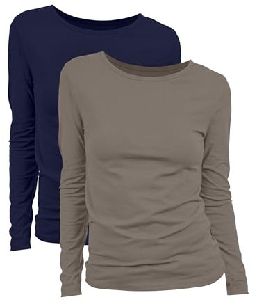 Basic Treasure 2-pack T-shirt dam lång ärm marinblå/taupe M, mjuk kvalitet