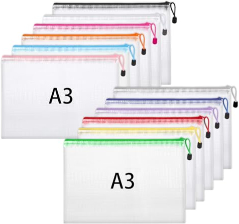 12 Stück Dokumententasche A3, Reißverschlusstasche Dokumentenmappe | Wasserdichte Dokumententaschen mit Reißverschluss für Prüfungsunterlagen Bücher Quittungen (12 Farben)