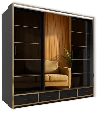 High Gloss Sliding Mirror Wardrobe with Gold Trim – Black or White – 208cm/255cm – Modern Bedroom Storage with Drawers, Shelves & Hanging Rails. (Black, 255cm)
