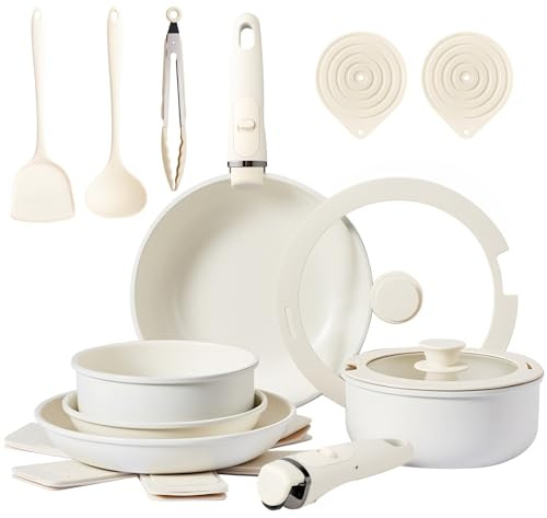 LEADZM Keramik Topfset Induktion，Pfannenset，Kochtopf Set | mit Deckel，Induktions Töpfe Set，19-Teilig，Alle Herde kompatibel, PFOS/PFOA frei（Beige）