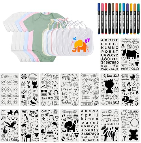 FloraVigo 8 Stückr Baby Zeichen-Onesie, Babyparty Zeichenset mit 16 Zeichenvorlagen und 12 Textilstiften für Babyparty-Spiele, bodys baby