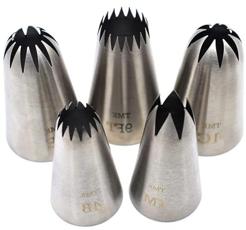 Zestjewel 5 Pack Stainless Steel Seamless Piping Icing Tips #9FT 1C 1E 1M 4B, Large Star Piping Nozzle, Cake Decorating Tools for Baker
