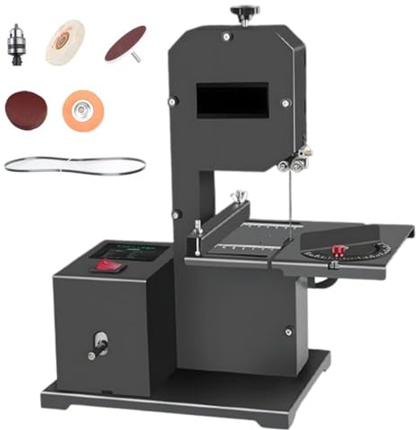 Bänkskiva bandsåg, 800 W träskärningsmaskin, 230 V ren kopparmotor, 70 mm skärhöjd, 90 mm hals, förstärkt metallbas, 0-45° avfasning för geringsskärningar