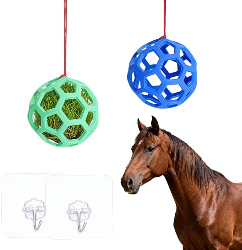 KQDRAVINE 2 stycken höboll häst slowfeeder, hästbehandling foderstation, kyckling grönsaksboll, 14 cm hästleksak att hänga upp för getar får fjäderfä, stressminskning (grön och blå)