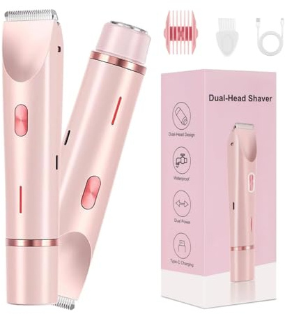 Bikini Trimmer for Women,2 in 1 Dual Head Bikini Shaver & Body Shaver,Cordless & Waterproof Electric Bikini Trimmer for Women, Painless Hair Removal with Silky Glow Finish,Pink3