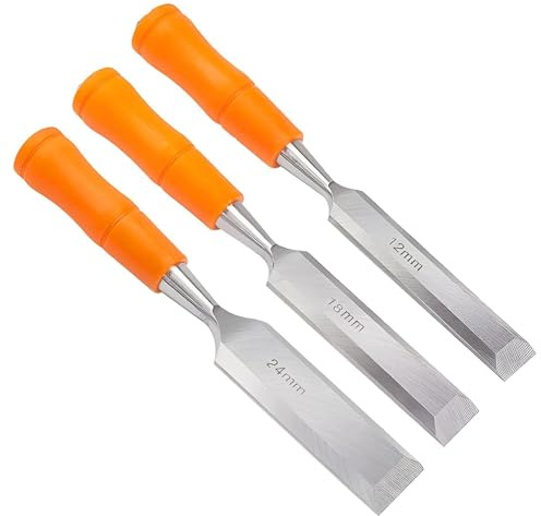 3 PCS Chisel Set, Wood Chisels Kit with Non-Slip Handle Carpenters Carving Tools with Beveled Edge Blade for Woodworking DIY Carpentry Joinery Sculpting (12mm, 18mm, 24mm)