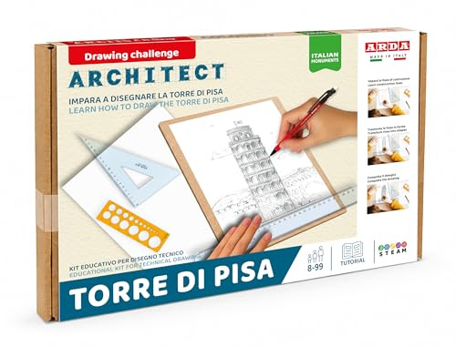 ARDA Architect Tour de Pise ED01B – Kit de Dessin Technique Tour de Pise dès 8 Ans - Géométrie et Architecture – Règle, Équerre, Gabarit Cercles, Portemine, Papier A4 et Livret Tutoriel