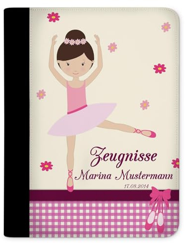 CreaDesign Zeugnismappe A4 mit Namen personalisiert – Balerina Blume – für Mädchen – Dokumentenmappe Schule ohne Klarsichthüllen