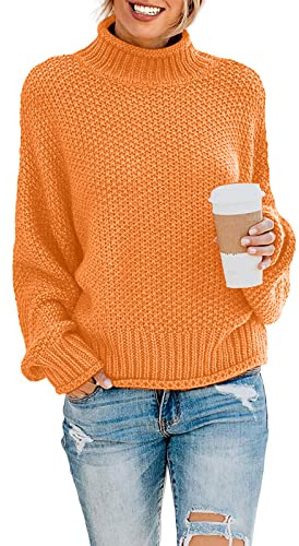 YUNDAI Womens Jumpers Turtleneck Batwing Long Sleeve Loose Oversized Sweater Knitted Pullover Solid Color Chunky Tops for Winter, 2X-Large Orange