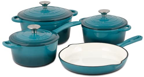 Basque Juego de utensilios de cocina de hierro fundido esmaltado, juego de 7 piezas (azul bizcaia), antiadherentes, asas de gran tamaño, apto para horno; sartén, cacerola, horno holandés pequeño,