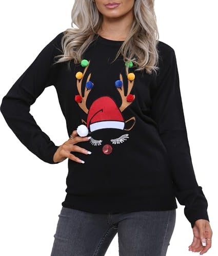 NOROZE Femmes Noël Pull-Over Joyeux Noël Cadeaux Dames Elfe Pull Tricoté (38, Ramure Noir)