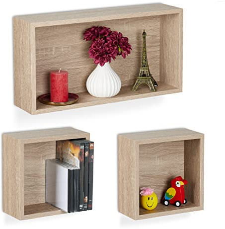 Relaxdays Mensole da Muro, Set 3 Ripiani Sospesi a Cubo, Scaffali in 2 Misure Libreria Parete Design Moderno, Naturale
