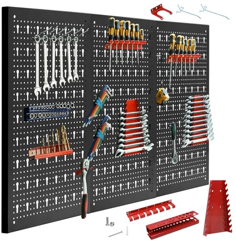 CCLIFE Verktygsvägg hålvägg metall verktygshålvägg i tre delar 120 x 60 x 2 cm utbyggbar inkl. 35 delar tillbehör vägghylla verktygsförvaring svart