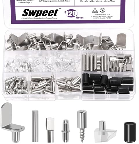 Swpeet Pins d'étagère d'armoire en métal robuste pour étagères, organiseurs de cloches 120 pièces 6 styles, kit de broches d'étagère, support d'étagère nickelée support support de pegs avec manchon