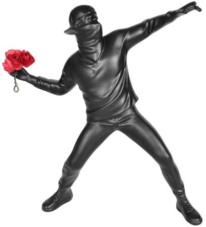 Dokeno Banksy Statue Banksy Figur Skulptur Der Blumenwerfer, Modern Abstract Kunst Skulpturen Deko Schwarz Street-Art für Heimbüro Wohnzimmer SammelKunst Dekorationen