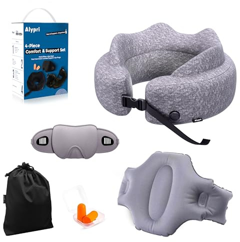 Alypri 4-in-1 Travel Comfort Set with Self-Inflating Neck Pillow, Convertible Foot Hammock and Lumbar Cushion, 3D Sleep Mask and Earplugs for Airplane, Car and Office, Gray