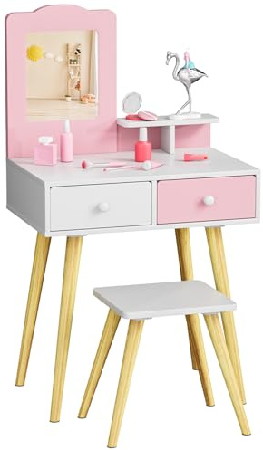 MAMIZO 2 i 1 Sminkbord för Barn med Löstagbar Spegel, Sminkbord för Flickor, Barnens Skrivbord med Pall, för Prinsessor av Trä, 60x40x108 cm, Rosa