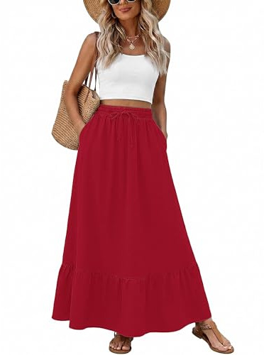 Heymoments Maxi Skirts for Women Red Large High Waisted Flowy 2026 Fall Trendy A Line Summer Cute Pleated Dressy Casual Fairy Boho Teacher Holiday Beach Vacation Long Skorts with Pockets