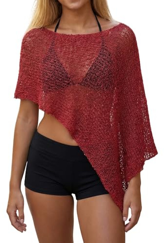 Edhomenn Womens Sheer Poncho Top Summer Beach Coverups Y2k Crochet Shawl Jumper Asymmetrical Hem Lightweight Bloero Cape Top