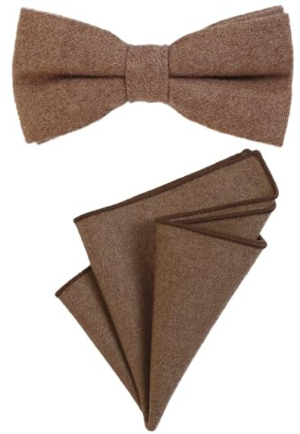 DonDon Pajarita para caballero 12 x 6 cm, atada y de tamaño ajustable, y pañuelo de bolsillo de 23 x 23 cm a juego de algodón marrón claro