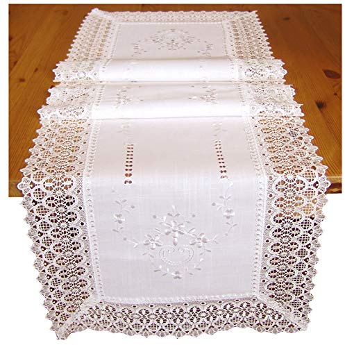 heimtexland ® Tischläufer Macramé Spitze weiß Landhaus Bestickt 40x140 Makramee Borte Tischdecke ÖKOTEX Typ525