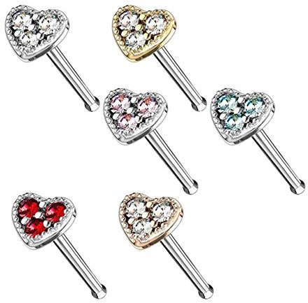 beyoutifulthings Nasen-Piercing Herz ZIRKONIA 4mm Set Nasen-Ring Nasen-Stecker Chirurgenstahl Multicolor Stab-Länge 6mm