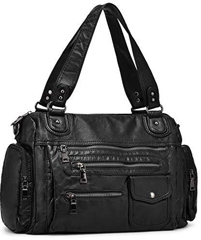 VINBAGGE Sac à Main pour Femme en Cuir Souple lavé avec Multi-Poches Sac à bandouliere élégant et spacieux Sac portés Main Fourre-Tout Cabs,Noir