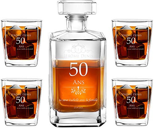Maverton Ensemble de Carafes Personnalisés a Whisky Rhum Cognac Avec 4 Verres a Whisky Gravés - 700 ml Service Universel Verre Whisky et Carafe - Ans