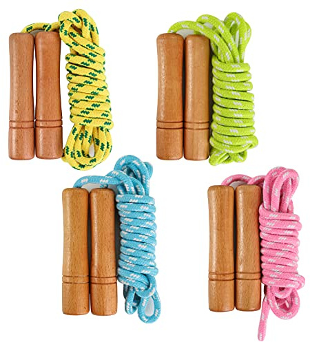 Suwimut 4 Pack Cotton Jump Rope, Wooden Handle Adjustable Cotton Braided Skipping Rope for Outdoor Activity, Exercise, Fitness Training (Blue, Pink, Yellow, Green)