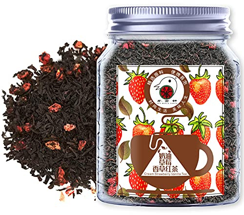 Plant Gift Cream Strawberry Vanilla Tea, Té negro de frutas de fresas liofilizadas de hojas sueltas, té caliente y helado, natural, con sabor, 70 G/2.5 oz
