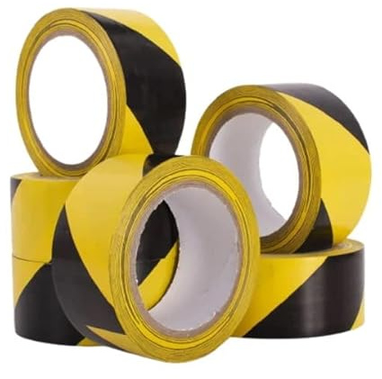 (6 Pack) PREMIUM GRADE BRANDED SELF ADHESIVE HAZARD WARNING TAPE Black and Yellow, 50mm (2) x 33m, Strong Adhesive Warning/Caution Tape, Floor Marking Tape