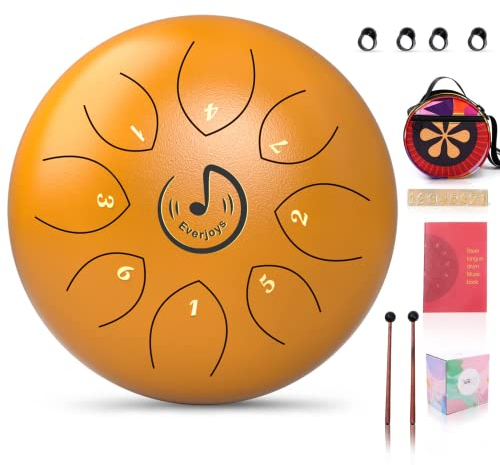Rain Drum for Outdoor- Steel Tongue Drum 6 Inch 8 Tone C-Key Trommel HandPan Zungentrommel with Drum Beaters Carry Bag Music Book for Meditation Yoga Sound Healing (Gold)