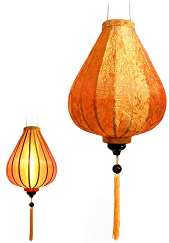 Art Saigon Lampion aus Seide, Orange, M Ø 33 cm – Traditionelle Hängelampe von Hoi an Stoff, Bambus und Holz Dekoration Handwerk Vietnam (G25-O)