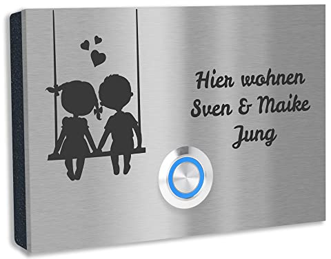 Jung-Edelstahl-Design V2A Edelstahl Türklingel London1 Motiv Schaukel. Klingelschild mit Gravur 12x8 cm. Led Klingeltaster. Klingelplatte Aufputz oder Unterputzmontage.